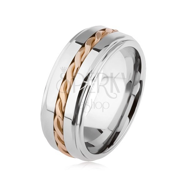 Lesklý tungstenový prsteň, strieborná farba, vyvýšená stredová časť, pletený vzor