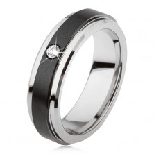 Volfrámový prsteň striebornej farby, čierny keramický pás, zirkón