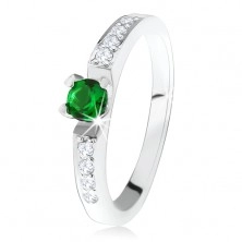 Strieborný zásnubný prsteň 925, okrúhly zelený kamienok, línie čírych zirkónov