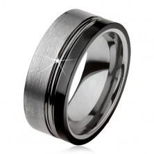 Wolfrámový prsteň, dva zárezy, oceľovosivá a čierna farba, lesklo-matný povrch