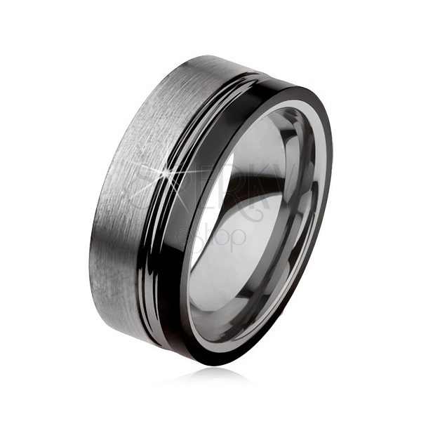 Wolfrámový prsteň, dva zárezy, oceľovosivá a čierna farba, lesklo-matný povrch