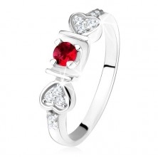 Lesklý prsteň - striebro 925, ružový okrúhly zirkón v žliabku, srdiečka, číre kamienky