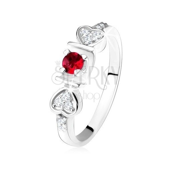 Lesklý prsteň - striebro 925, ružový okrúhly zirkón v žliabku, srdiečka, číre kamienky