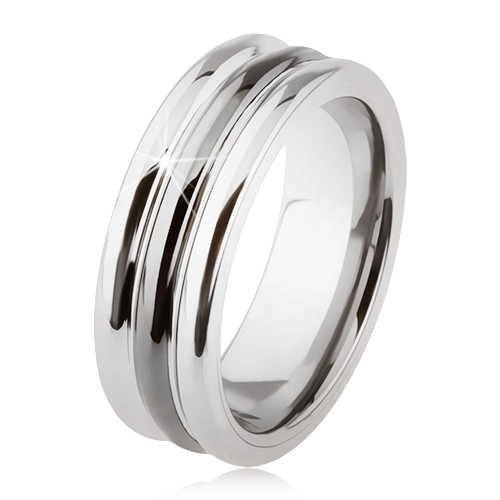 E-shop Šperky Eshop - Wolfrámový prsteň s lesklým povrchom, dva zárezy, čierna a strieborná farba SP24.09