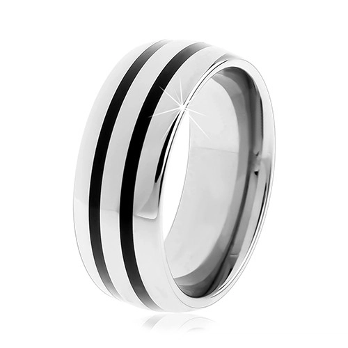 E-shop Šperky Eshop - Tungstenový hladký prsteň, jemne vypuklý, lesklý povrch, dva čierne pruhy AB33.01