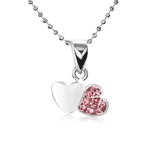 Strieborný náhrdelník 925, retiazka z malých guličiek, dve srdcia, ružové zirkóny