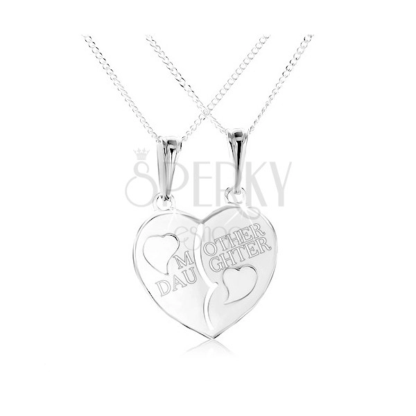 Strieborný náhrdelník 925, rozpolené srdce s nápisom "MOTHER DAUGHTER"