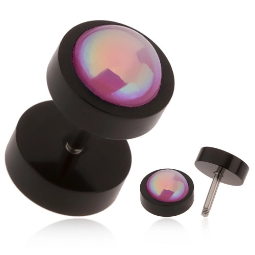 E-shop Šperky Eshop - Akrylový fake plug do ucha, čierna farba, ružová gulička, dúhový odlesk PC20.28