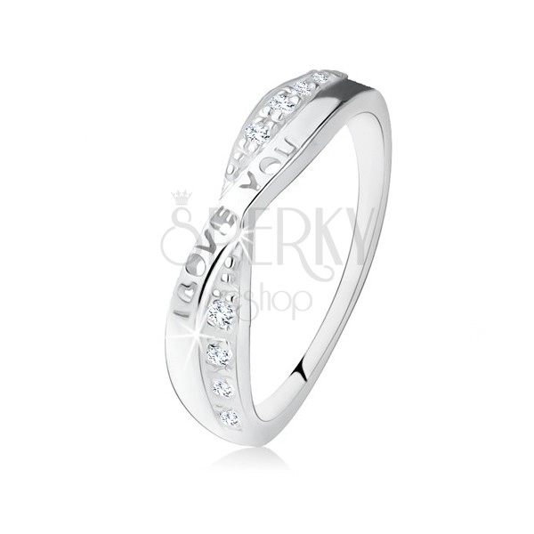 Strieborný prsteň 925, prekrížené ramená, zirkóny, nápis "I LOVE YOU"