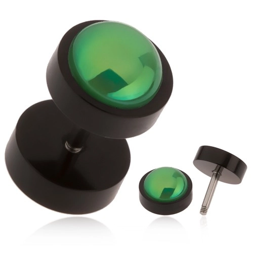E-shop Šperky Eshop - Čierny falošný plug do ucha z akrylu, zelená gulička s dúhovým odleskom PC01.21