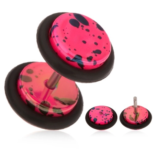 E-shop Šperky Eshop - Neónovo ružový fake plug do ucha z akrylu, olejové škvrny, gumičky PC01.22