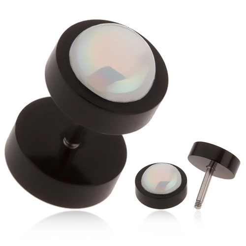 E-shop Šperky Eshop - Akrylový fake plug do ucha čiernej farby, biela gulička s dúhovým odleskom PC02.30