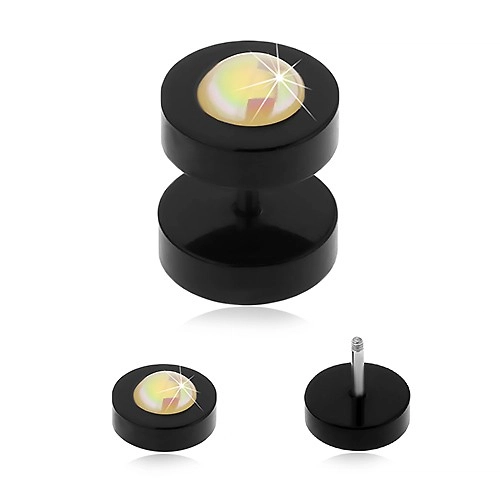 E-shop Šperky Eshop - Falošný plug z akrylu, čierna farba, žltá gulička s dúhovým odleskom PC04.24