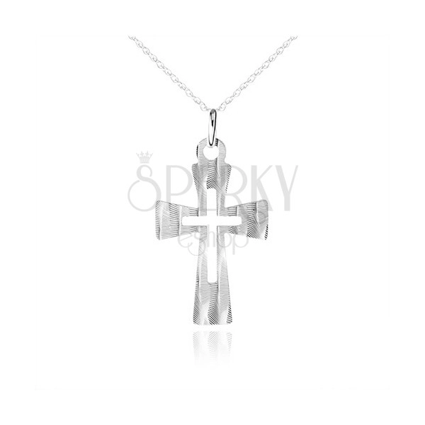 Strieborný náhrdelník 925, plochý kríž s ozdobnými šikmými zárezmi