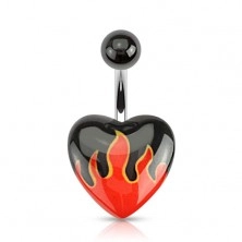 Oceľový piercing do pupka, čierna gulička, akrylové srdce s plameňmi