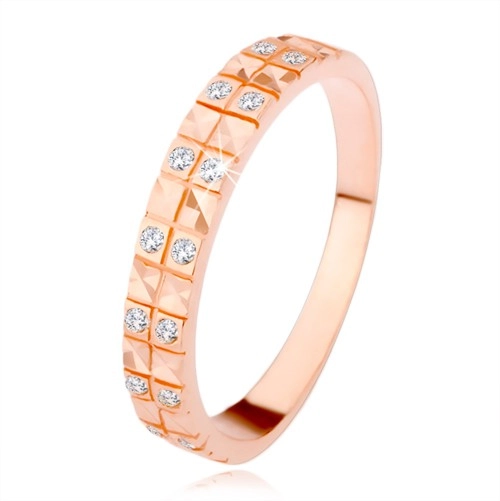 Strieborný 925 prsteň v medenom odtieni, diamantový rez, číre zirkóny - Veľkosť: 67 mm