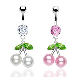 E-shop Šperky Eshop - Oceľový piercing do pupku, farebné čerešne, perleťové guličky, zirkóny S78.17 - Farba piercing: Číra