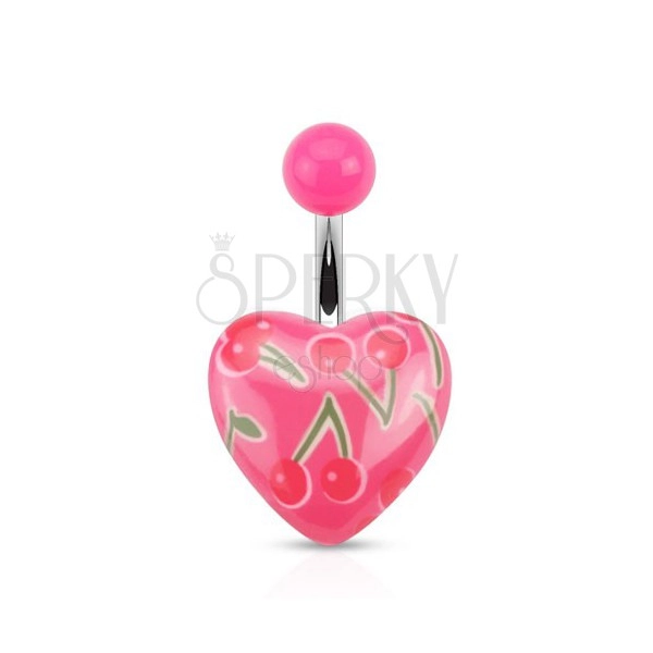 Oceľový piercing do pupka, ružová gulička a srdce s potlačou čerešní
