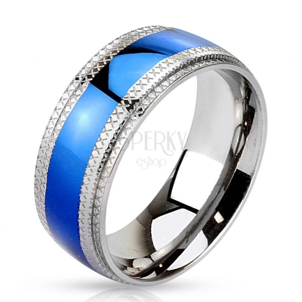 Oceľový prsteň - modrý pruh v strede, vrubkované okraje