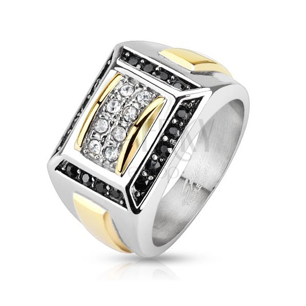 Oceľový prsteň striebornej a zlatej farby, čierne a číre zirkóny, obdĺžniky