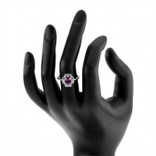 Zásnubný prsteň zo striebra 925, oválny fialový kamienok, zirkónový lem