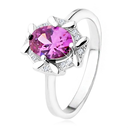 Zásnubný prsteň zo striebra 925, oválny fialový kamienok, zirkónový lem - Veľkosť: 49 mm
