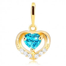 Zlatý prívesok 375 - zirkónový obrys srdca, modrý srdiečkový topás