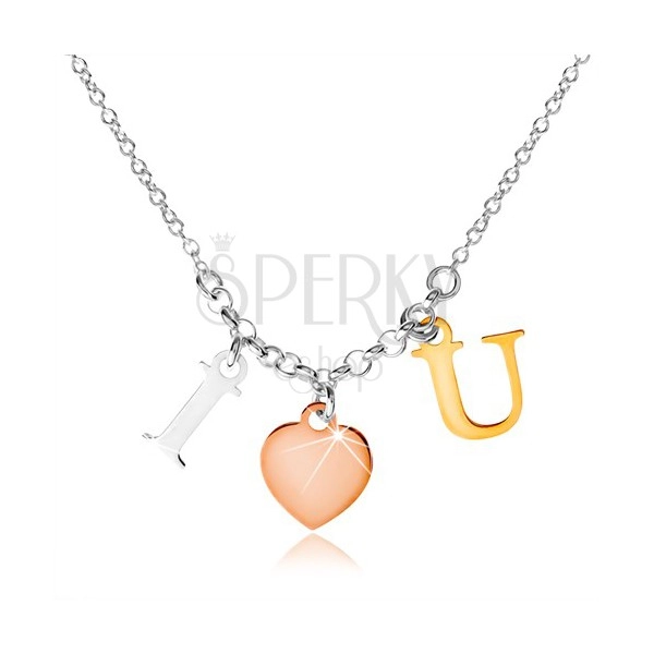 Strieborný náhrdelník 925, nápis "I LOVE U" v troch farebných odtieňoch