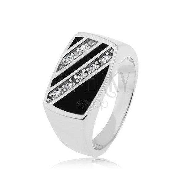 Strieborný prsteň 925, obdĺžnik - šikmé línie čírych zirkónov, čierna glazúra