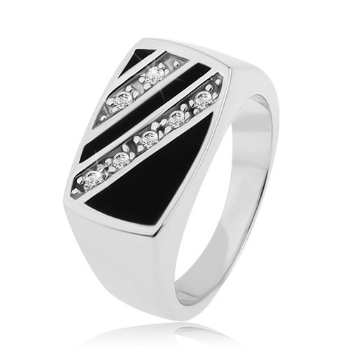 Strieborný prsteň 925, obdĺžnik - šikmé línie čírych zirkónov, čierna glazúra - Veľkosť: 61 mm