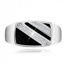 Strieborný prsteň 925, obdĺžnik - šikmé línie čírych zirkónov, čierna glazúra
