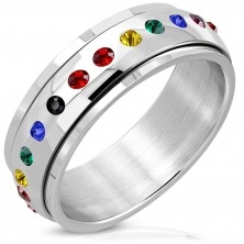 Lesklý oceľový prsteň - otáčavý stred, zirkóny vo farbách dúhy