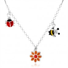 Strieborný náhrdelník 925 pre deti, farebná lienka, kvietok, včielka