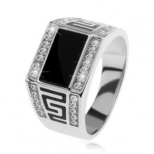 Strieborný prsteň 925, čierny obdĺžnik, číre ligotavé kamienky, grécky kľúč