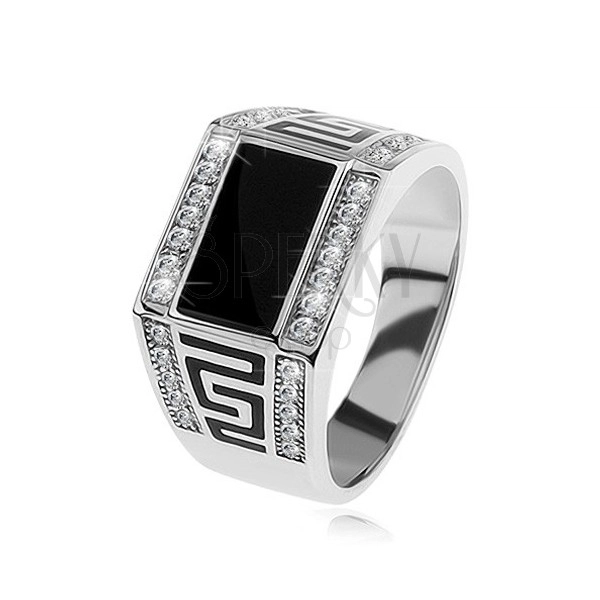 Strieborný prsteň 925, čierny obdĺžnik, číre ligotavé kamienky, grécky kľúč