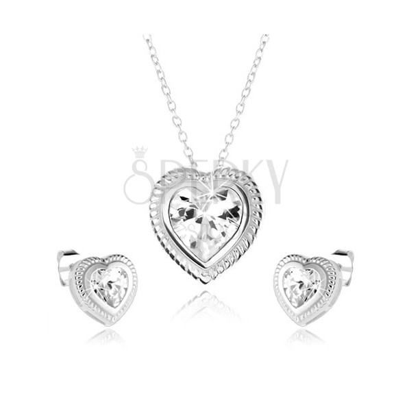 Set náhrdelníka a náušníc zo striebra 925, symetrické srdce, číry zirkón