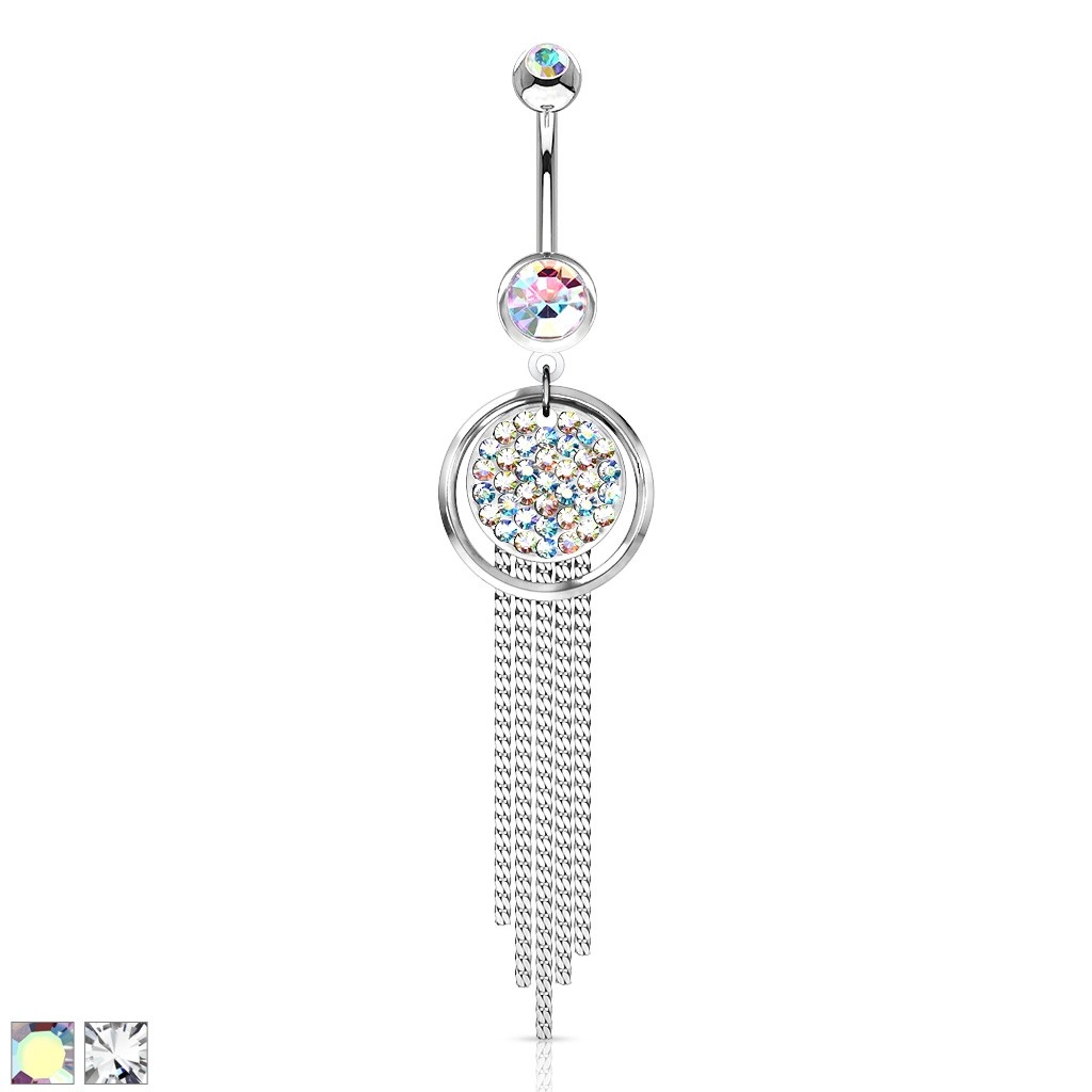 E-shop Šperky Eshop - Oceľový piercing do bruška, obrys kruhu a kruh vykladaný kamienkami, retiazky PC03.27/28 - Farba zirkónu: Číra - C