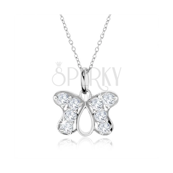 Strieborný náhrdelník 925, prívesok obrys motýľa vykladaný zirkónmi