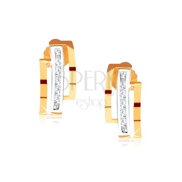 Dvojfarebné náušnice zo zlata 375, polkruhy, zvislá línia čírych kamienkov