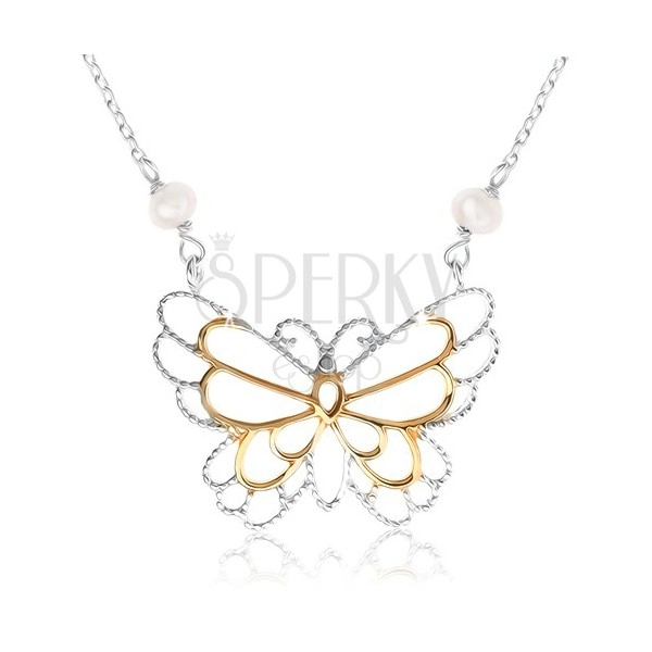 Strieborný náhrdelník 925, kontúra motýlika, vložené perleťové guličky