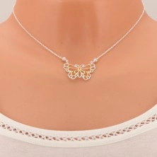 Strieborný náhrdelník 925, kontúra motýlika, vložené perleťové guličky