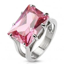 Oceľový prsteň v striebornej farbe, masívny zirkón - ružový obdĺžnik