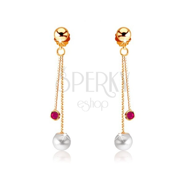 Visiace zlaté náušnice 375 - okrúhly červený rubín a biela perla, retiazky