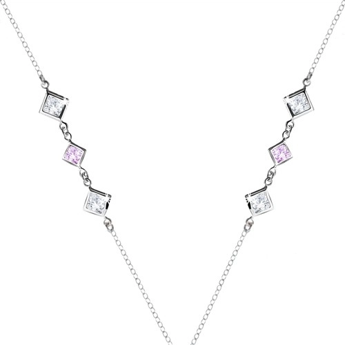Strieborný 925 náhrdelník - číre a fialové zirkónové kosoštvorce po stranách