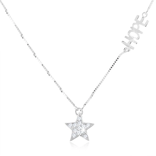 Strieborný náhrdelník 925 - jemná retiazka, číra zirkónová hviezda, nápis 