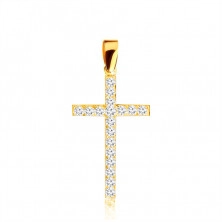 Zlatý prívesok 375 - latinský krížik zdobený zirkónmi čírej farby