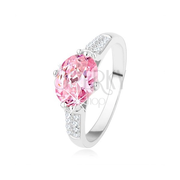Zásnubný strieborný prsteň 925, oválny ružový zirkón, číre drobné zirkóniky