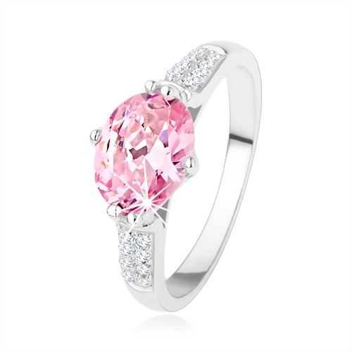 Zásnubný strieborný prsteň 925, oválny ružový zirkón, číre drobné zirkóniky - Veľkosť: 54 mm
