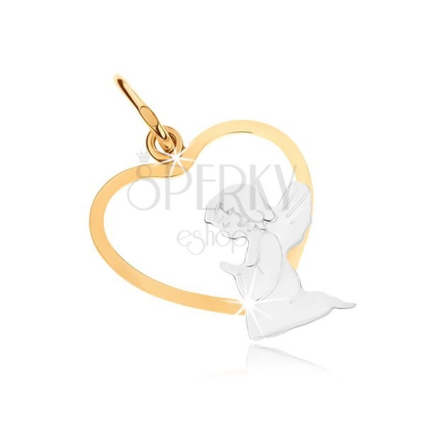 Zlatý dvojfarebný prívesok 375 - kľačiaci anjelik v spodnej časti obrysu srdca