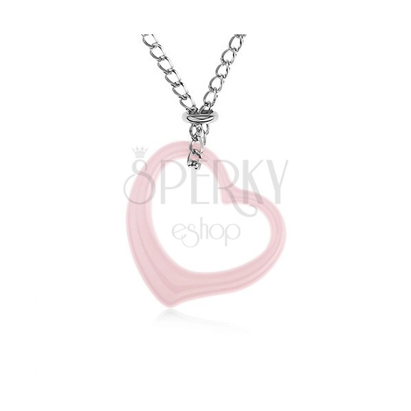 Oceľový náhrdelník, ružová keramická kontúra srdca, retiazka striebornej farby